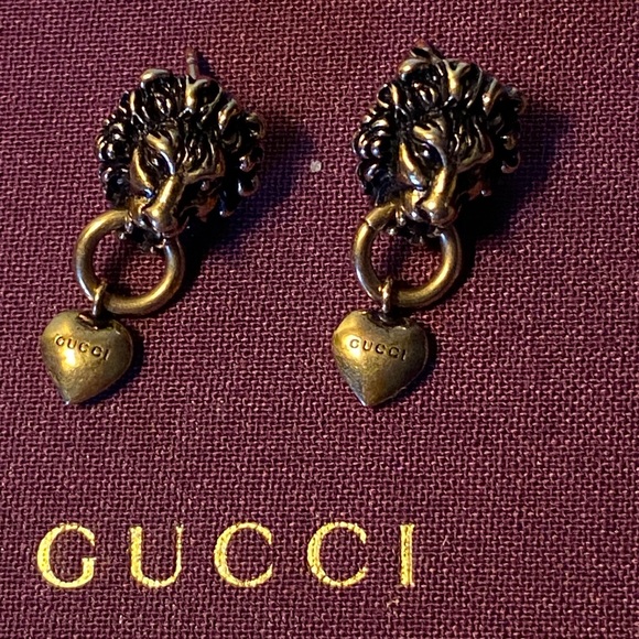 Gucci Lion Head Heart Drop Gold Plated Earrings - Picture 2 of 9